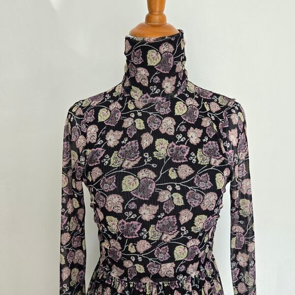 Cinq a Sept Kourt Midi Dress Printed Victorian High Neck Black Women 0 FLAWED - Picture 5 of 14